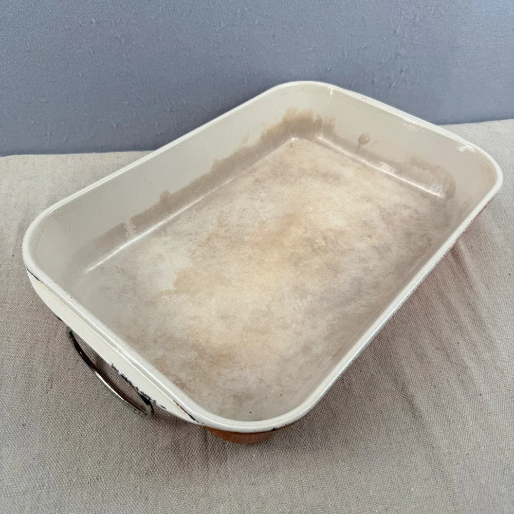 Vintage Le Creuset Flame Orange 15x10 Roasting Pan Folding Handles HTF France‎